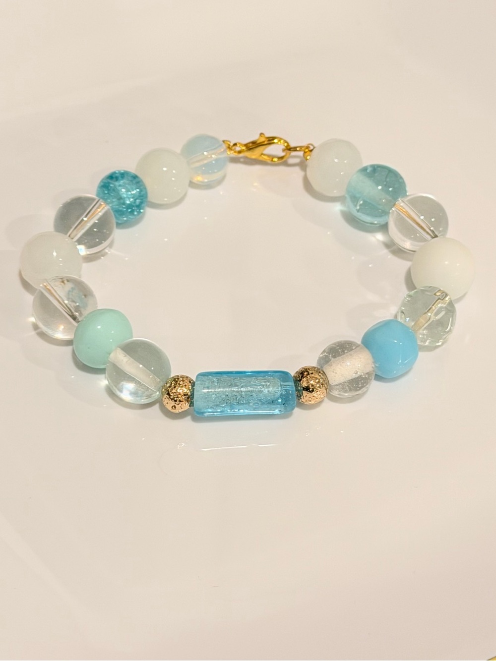 Handmade Glass Beaded Bracelet Aqua & White with Gold Accents